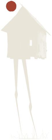 Shakehaus logo: a small house with a red sun, walking on tall legs