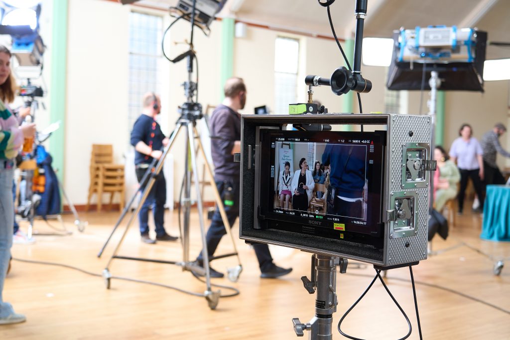 Behind the scenes on Govan Fair Queen: the camera monitor on set in the hall