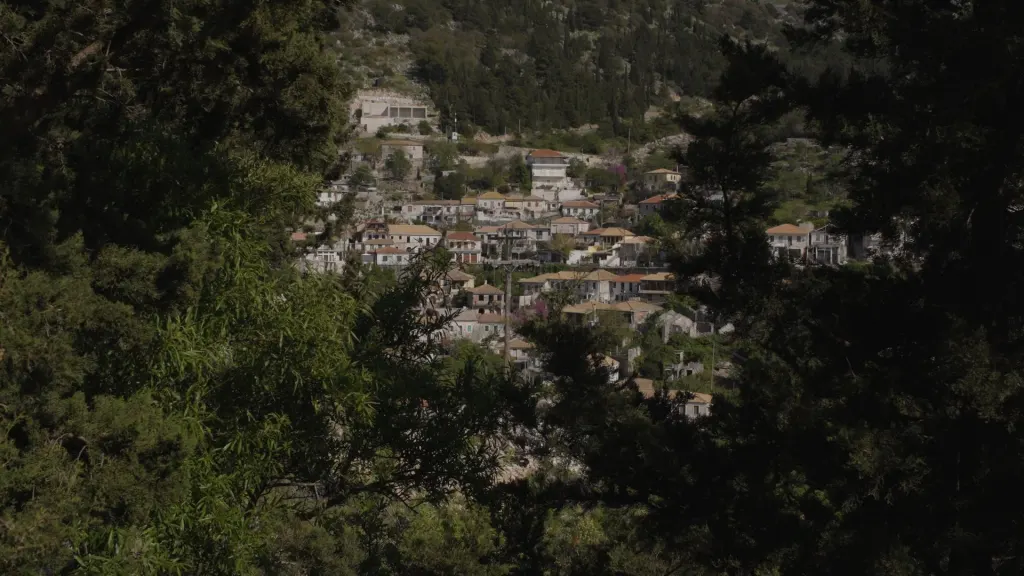A hillside village of white houses with terracotta roofs, seen through dark trees